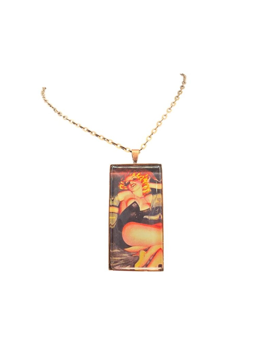 Pin Up Girl Glass Cabochon Pendant Necklace 24" Copper Rockabilly Retro